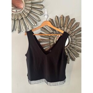 W5 Beaded Fringe Tank Black Festival Boho Sleeveless Top Size L